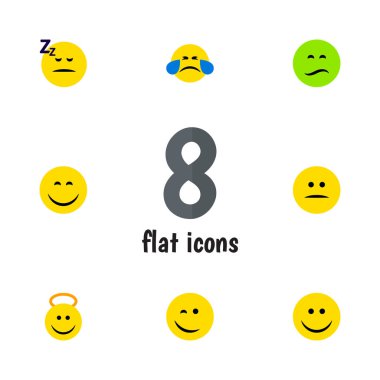 Angel, uykuda, kaşlarını ve diğer vektör nesnelerini düz simge Emoji seti. Angel, mutlu, Emoji öğeleri de içerir.