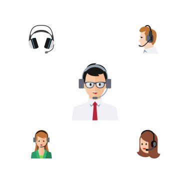 Sekreter, yardım, hizmet ve diğer vektör nesnelerini düz simge telefonla Satış Seti. Ayrıca hattı, kulaklık, Online unsurları içerir.