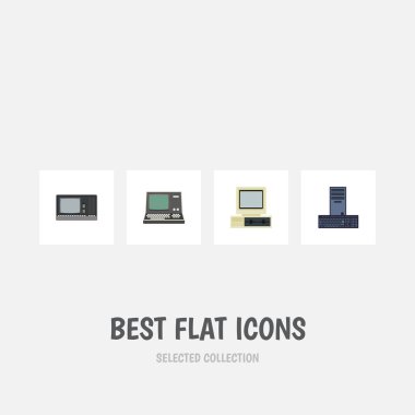 Düz simge bilgisayar seti, bilgisayar, teknoloji, Vintage donanım ve diğer vektör nesneleri. Ayrıca işlemci, klavye, Retro öğeler içerir.