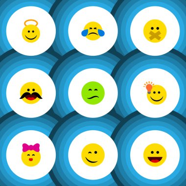 Angel, gülmek, sus ve diğer vektör nesnelerini düz simge Emoji seti. Ayrıca Emoji, melek, sırıtış öğeleri içerir.