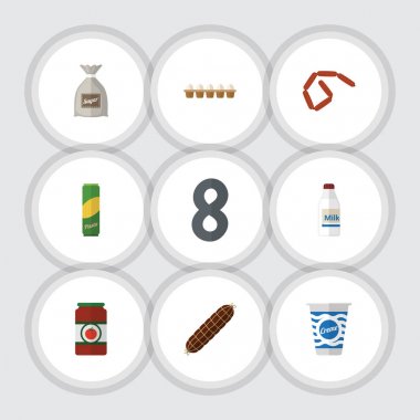 Düz simgesi yemek domuz sucuğu, yoğurt, spagetti ve diğer vektör nesnelerini ayarlayın. Ayrıca sos, şişe, makarna öğeleri içerir.