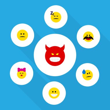 Düz simgesi yüz somurtuyor, gülüşü, memnun ve diğer vektör nesneleri kümesi. Öpücük, Emoji, yüz öğeleri de içerir.