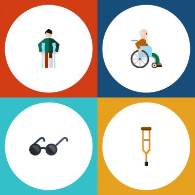 Düz simgesi sakat kümesi özürlü adam, Stand, vektör nesnelerini yaralandı. Ayrıca gözlük, güneş gözlüğü, sakatlık öğeleri içerir.