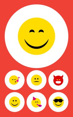 Düz simgesi yüz parti zamanı ifade, somurtarak, mutlu ve diğer vektör nesneleri kümesi. Ayrıca öğeleri şarkı kızgın, mutlu, içerir.