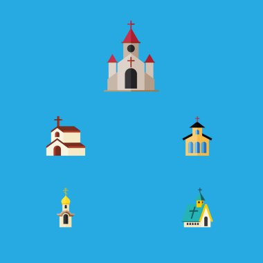 Düz simgesi bina mimari, Katolik, geleneksel ve diğer vektör nesneleri kümesi. Ayrıca bina, geleneksel içerir inanç öğeleri.
