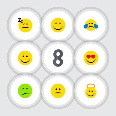 Düz simgesi ifade kümesi uyuyor, sevinç, gülümseme ve diğer vektör nesneleri. Ayrıca gözler, ruh hali, gülümseme unsurları içerir.