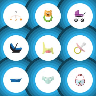 Bebek bezi, bebek arabası, küvet ve diğer vektör nesnelerini düz simgesi bebek kümesi. Ayrıca Rattle, Bib, Bebek öğeleri içerir.