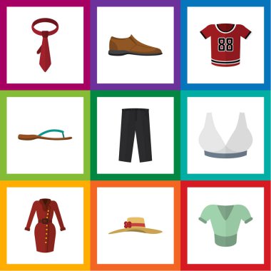 Düz simgesi elbise dizi kıyafetleri, erkek Footware, Brasserie ve diğer vektör nesneleri. Ayrıca Flip Flop, kravat unsurları içerir.