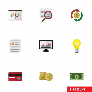 Düz simgesi ekonomi grafik, ödeme, belge ve diğer vektör nesneleri ayarlayın. Ayrıca grafik, fikir, nakit öğeleri içerir.