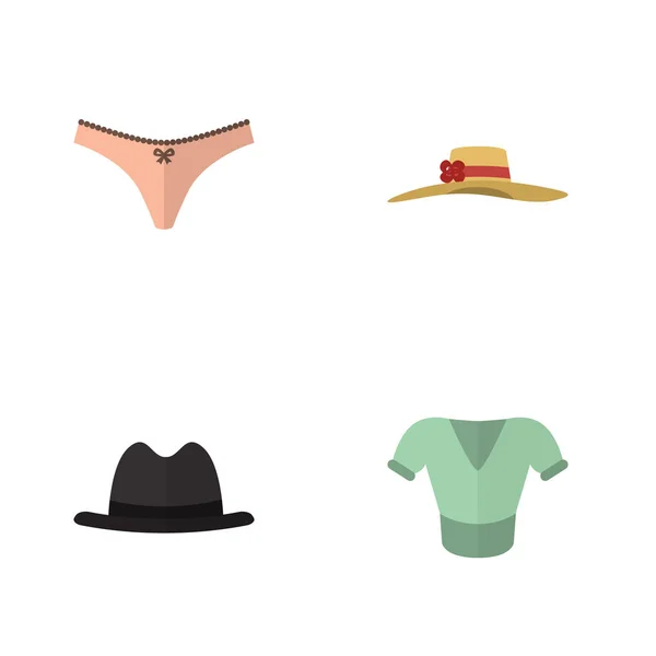 Plochá ikona oblečení sada příležitostné, Panama, prádlo a jiné vektorové objekty. Zahrnuje také kalhotky, čepice, spodní prádlo prvky. — Stockový vektor