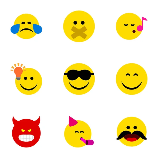 Icono plano Emoji conjunto de silencio, pucheo, Descendiente y otros objetos vectoriales. También incluye Alegría, Whiskers, Elementos Emoji . — Vector de stock