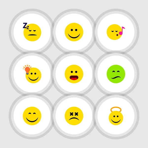 미소의 아이콘 얼굴 세트 플랫, 좋은 의견, 기쁨, 다른 벡터 개체 이다. 궁금해, Emoji, 미소 요소 포함. — 스톡 벡터