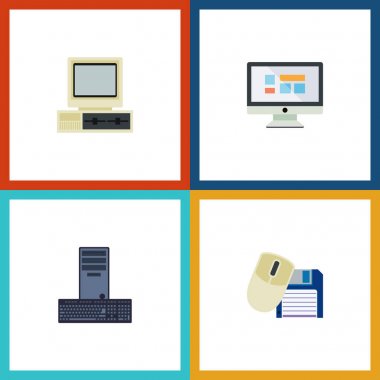 Düz simgesi dizüstü bilgisayar kümesi bilgisayar fare, ekran, bilgisayar ve diğer vektör nesneleri. Ayrıca Retro, ekran, işlemci unsurları içerir.