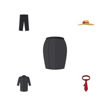 Simge giysi seti pantolon, üniforma, şık şapkalar ve diğer vektör nesnelerini düz. Ayrıca Kimono, giyim, tozluk öğeleri içerir.