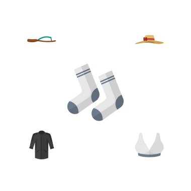 Düz simgesi elbise dizi plaj sandalet, üniforma, Brasserie vektör nesneleri. Ayrıca sutyen, Kimono, Flop unsurları içerir.