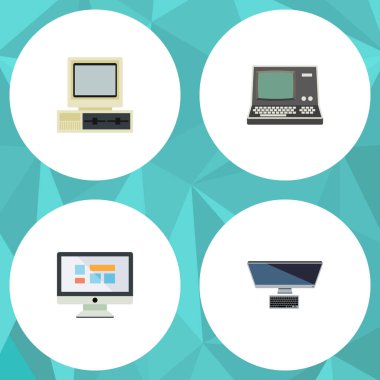 Düz simge bilgisayar seti, bilgisayar, görüntü, teknoloji ve diğer vektör nesneleri. Ayrıca monitör, bilgisayar, ekran öğeleri içerir.
