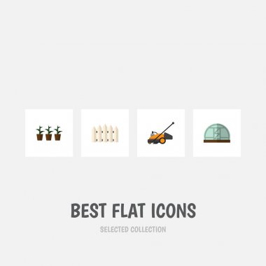 Çim biçme makinesi, tahta bariyer, sera ve diğer vektör nesnelerini düz simge çiftlik seti. Aynı zamanda çim, saksı, biçme makinesi öğeleri içerir.