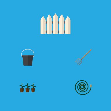 Kova, saksı, saman çatal ve diğer vektör nesnelerini düz simge çiftlik seti. Ayrıca botanik, Bahçe, kova öğeleri içerir.