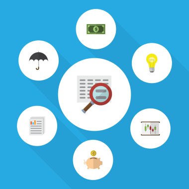 Düz simgesi gelen belge, dolar, diyagram ve diğer vektör nesnelerini ayarlayın. Ayrıca grafik, fikir, belge öğeleri içerir.