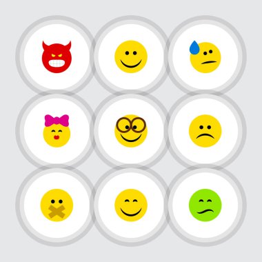 Düz simgesi Emoji kümesi kaşlarını, sus, okşa ve diğer vektör nesneleri. Ayrıca Emoji, öpücük, kızgın unsurları içerir.