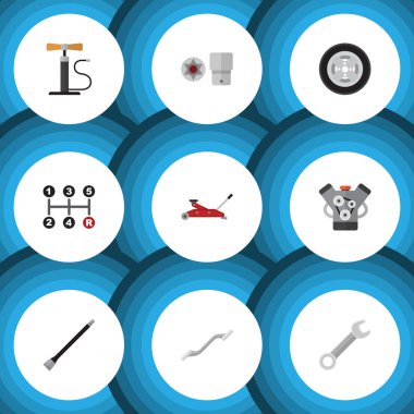 Düz simgesi atölye Motor, taşıma, Turnscrew ve diğer vektör nesneleri kümesi. Ayrıca öğeleri kaldırma anahtarı, iletim, içerir.