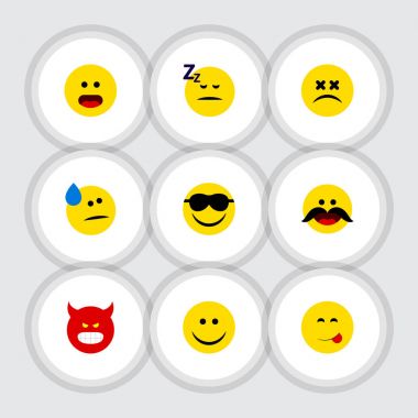 Düz simgesi ifade kümesi neşeli, lezzetli yemek, gözyaşları ve diğer vektör nesneleri. Ayrıca başım dönüyor, uykuda, kızgın unsurları içerir.