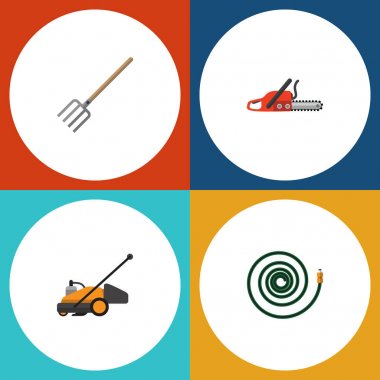 Düz kutsal kişilerin resmi Bahçe çim biçme makinesi, demir testeresi, Hosepipe ve diğer vektör nesneleri kümesi. Ayrıca araç, Yaba, çim öğeleri içerir.