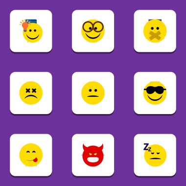 Simge Emoji dizi mutlu düz, iyi bir fikir, şaşı yüz ve diğer vektör nesneleri yok. Ayrıca keyfi, keyifli, mutlu unsurları içerir.