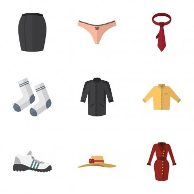 Düz simge kıyafet seti ayak Tekstil, Banyan, spor ayakkabıları ve diğer vektör nesneleri. Ayrıca şapka, kravat, ayak unsurları içerir.