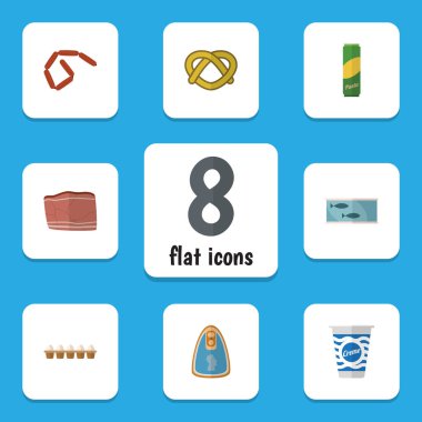 Domuz sucuğu, yoğurt, spagetti ve diğer vektör nesneleri kümesi yemek düz simgesi. Ayrıca gıda, içerir bisküvi, yumurta öğeleri.