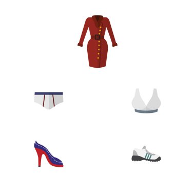 Spor ayakkabı, çamaşır grupları, giysi ve diğer vektör nesnelerini düz simge giysi seti. Ayrıca giysileri, Sandal, Ayakkabı unsurları içerir.
