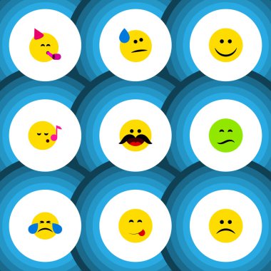 Düz simgesi Emoji kümesi gözyaşları, parti zamanı ifade, lezzetli yemekleri ve diğer vektör nesneleri. Ayrıca şarkı, içerir Delicious, gülümseme öğeleri.