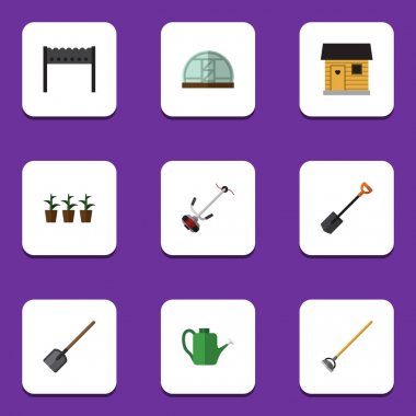 Düz simgesi kulübemde kümesi kürek, kürek, Barbekü ve diğer vektör nesneleri. Ayrıca kürek, çapa, sera öğeler içerir.