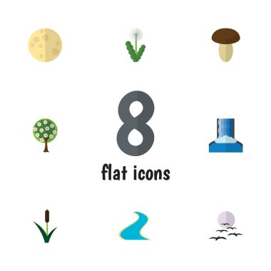 Düz simgesi ay doğal Set, kolu, ağaç ve diğer vektör nesneleri. Ayrıca Haliç, kuş, çim unsurları içerir.