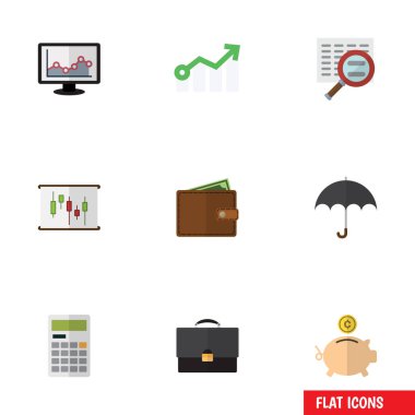 Düz simgesi kazanç kümesi inceden inceye gözden geçirmek, diyagram, portföy ve diğer vektör nesneleri. Ayrıca şemsiye, plaj, cüzdanınızdan öğeleri içerir.