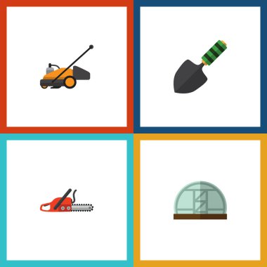 Düz simgesi kulübemde mala, demir testeresi, çim biçme makinesi ve diğer vektör nesnelerini ayarlayın. Aynı zamanda sera, bıçak, testere unsurları içerir.