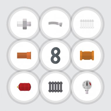 Düz simge boru hattı seti konektörü, döküm, boru ve diğer vektör nesneleri. Ayrıca oyuncular, ısıtıcı, oluklu öğeleri içerir.