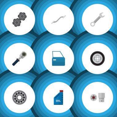 Düz simgesi hizmet kümesi otomobil bölümü, İngiliz anahtarı, Turnscrew ve diğer vektör nesneleri. Ayrıca ortak, küresel, Disk öğeleri içerir.