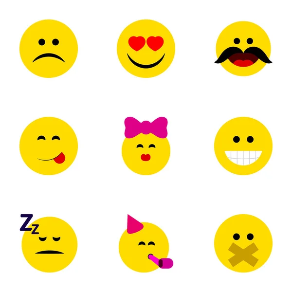 Düz simgesi Emoji kümesi Sus, neşeli, uykuda ve diğer vektör nesneleri. Ayrıca uyku, gülüşü, bıyık öğeleri içerir.