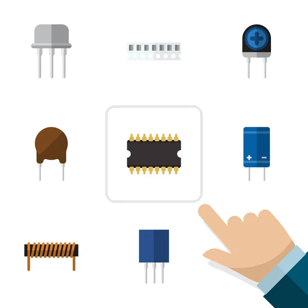 Conjunto de dispositivos de iconos planos de receptáculo, transductor, transistor y otros objetos vectoriales. También incluye Set, Resistir, Elementos de Transistor . — Vector de stock