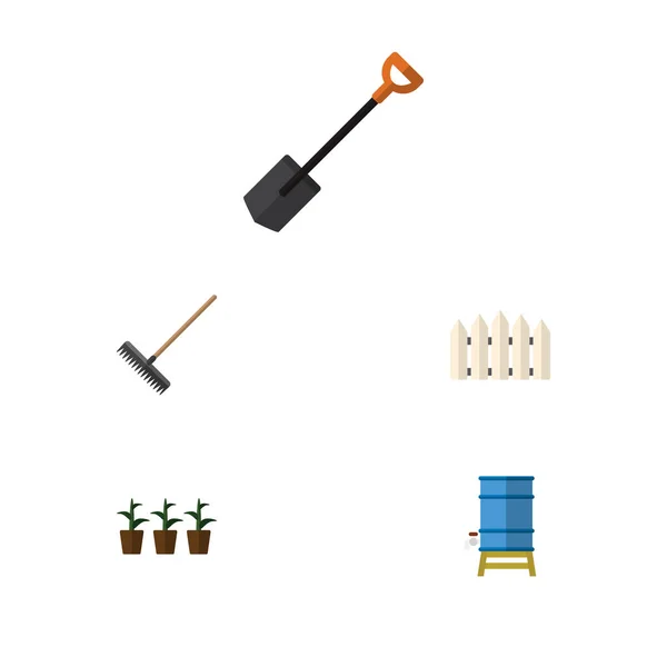 Conjunto de granjas de iconos planos de gradas, contenedores, espadas y otros objetos vectoriales. También incluye Rake, Spade, Elementos del envase . — Vector de stock