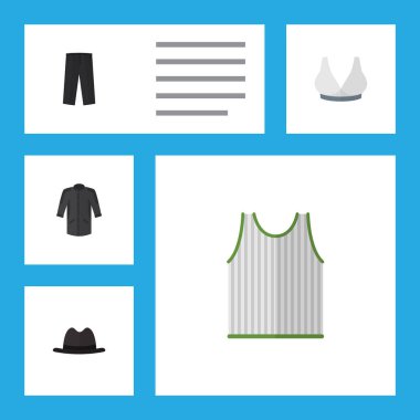 Düz simgesi elbise kümesi üniforma, pantolon, Brasserie ve diğer vektör nesneleri. Ayrıca spor, şapka, Tank unsurları içerir.