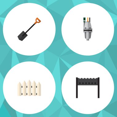 Düz simge çiftlik seti ahşap bariyer, pompa, kürek ve diğer vektör nesneleri. Pompa, Barbekü, kürek öğeleri de içerir.