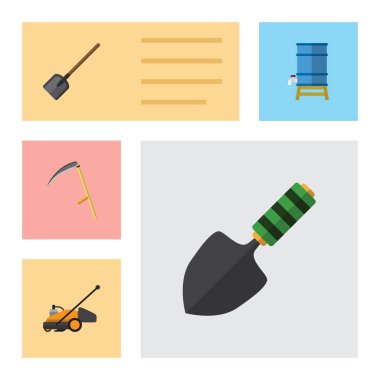 Mala, çim biçme makinesi, kesici ve diğer vektör nesnelerini düz simge çiftlik seti. Ayrıca Spade, su, çim biçme makinesini öğeleri içerir.