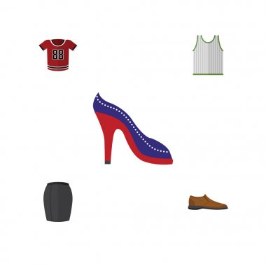 Düz simgesi elbise kümesi T-Shirt, Singlet, topuklu ayakkabı ve diğer vektör nesneleri. Ayrıca içerir gömlek, üniforma, Tank öğeleri.