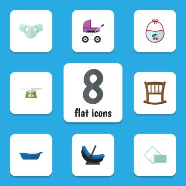 Düz simge bebek seti çocuk ölçekleri, küvet, bebek arabası ve diğer vektör nesneleri. Ayrıca bebek, önlük, Bebek öğeleri içerir.