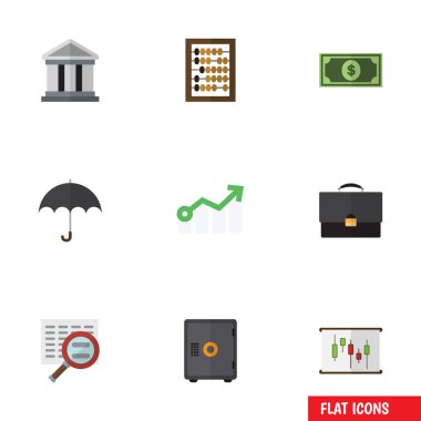 Dolar, şemsiye, tarama ve diğer vektör nesnelerini düz simge kazanç seti. Şemsiye, plaj, banka öğeleri de içerir.