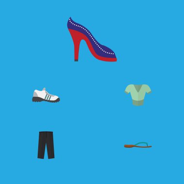 Düz simgesi elbise dizi pantolon, Casual, plaj sandalet vektör nesneleri. Ayrıca topuklu, gömlek, lastikbotlar öğeler içerir.