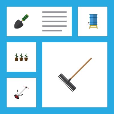 Düz kutsal kişilerin resmi Bahçe çim-kesici, konteyner, mala ve diğer vektör nesnelerini ayarlayın. Ayrıca botanik, saksı, kesici öğeleri içerir.