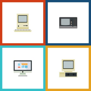 Düz simgesi dizüstü bilgisayar kümesi ekran, bilgisayar, Vintage donanım ve diğer vektör nesneleri. Vintage, Pc, monitör öğeleri de içerir.